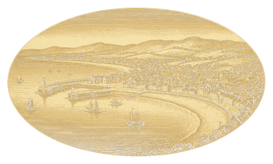 An engraved view of Ayr harbour and town